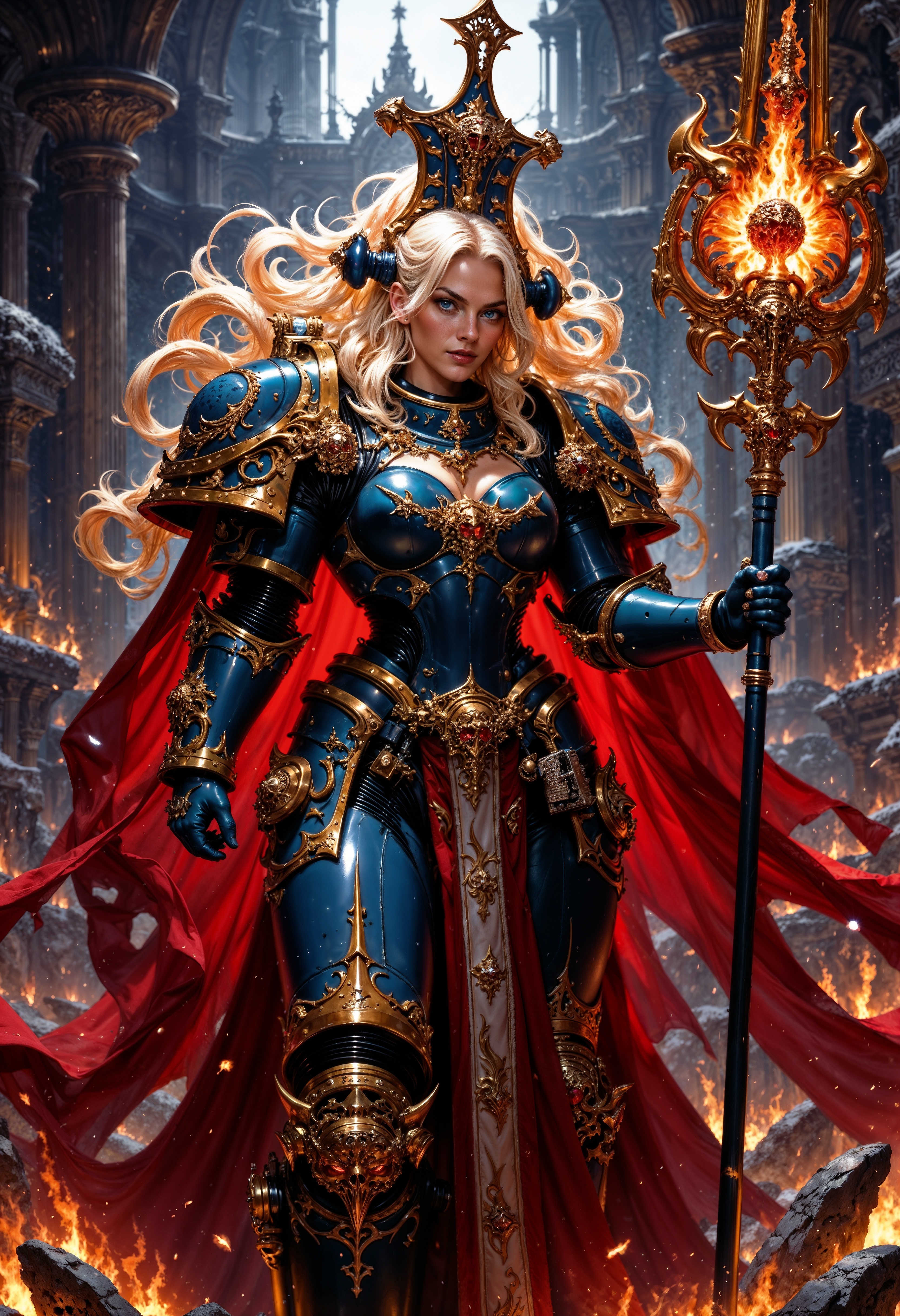 blonde female sorceress, wearing ThouS40k power armor, and holding a flaming staff <lora:FluxThouS40k:0.8> <lora:FluxMythP0rtr4itStyle:0.7>