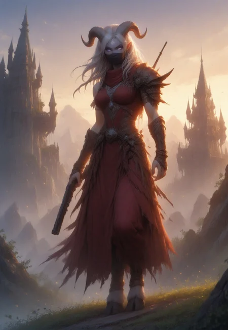 (absurdres, best quality, masterpiece:1.4), score_9, score_8_up, score_7_up, score_6_up, detailed, detailed body, detailed face, world of warcraft, fantasy,
fFaceDetail, SkinDetail, ((female, draenei, tall, athletic arms, pale white skin, smooth skin, long white hair, purple eyes, no pupil, no sclera, long white tail), (h0rns, ram horns, white horns),
(long fingers, purple fingernails, purple nail polish)),
(long loose red dress, simple armlet, black facemask, red silk scarf), GunMonk, shotgun, holding shotgun,
full body, side view
outdoor, evening, mountains, sunset