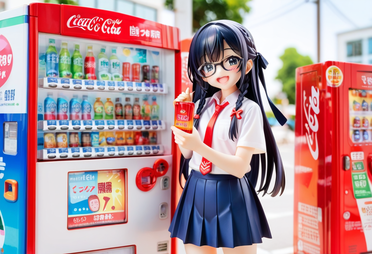 score_9, score_8_up, score_7_up, rating_safe, masterpiece, best quality, absurdres, unity 8k wallpaper, official art, official style, source_anime, uncensored, game cg, megami magazine,
1girl, solo, glasses, black hair, long hair, braid, hair ribbon, collared shirt, red necktie, short sleeves, pleated skirt, blue skirt, looking at viewer, blush, laughing, holding smartphone, standing, 
vending machine, outdoors, building, plant, road, day, coca-cola, utility pole
 <lora:jihanki_PONY_V1:0.8>