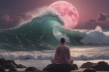 <lora:Movie_aesthetic_XL:0.8> a man meditating on the sea, giant wave hitting the coast, canon, reflex camera, cinematic, pink moon, hyperrealistic, photo realistic, <lora:epiCRealismHelper:0.6> <lora:One_Point_perspective:0.6>
