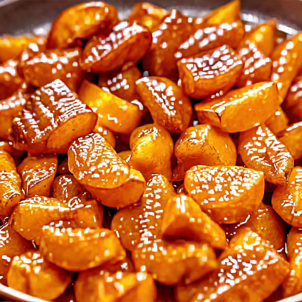 masterpiece,hight quality,For an image of candied sweet potatoes in a realistic style: 'A close-up view of glistening, golden candied sweet potatoes, freshly made with a rich, caramelized sugar coating that creates long, delicate strands as they are lifted. The sweet potatoes are presented on a simple, rustic plate, highlighting their deep orange color and the syrup's amber hue. The background is a softly blurred kitchen setting, emphasizing the dish's inviting warmth and homemade charm,<lora:oldfan50:0.75>
