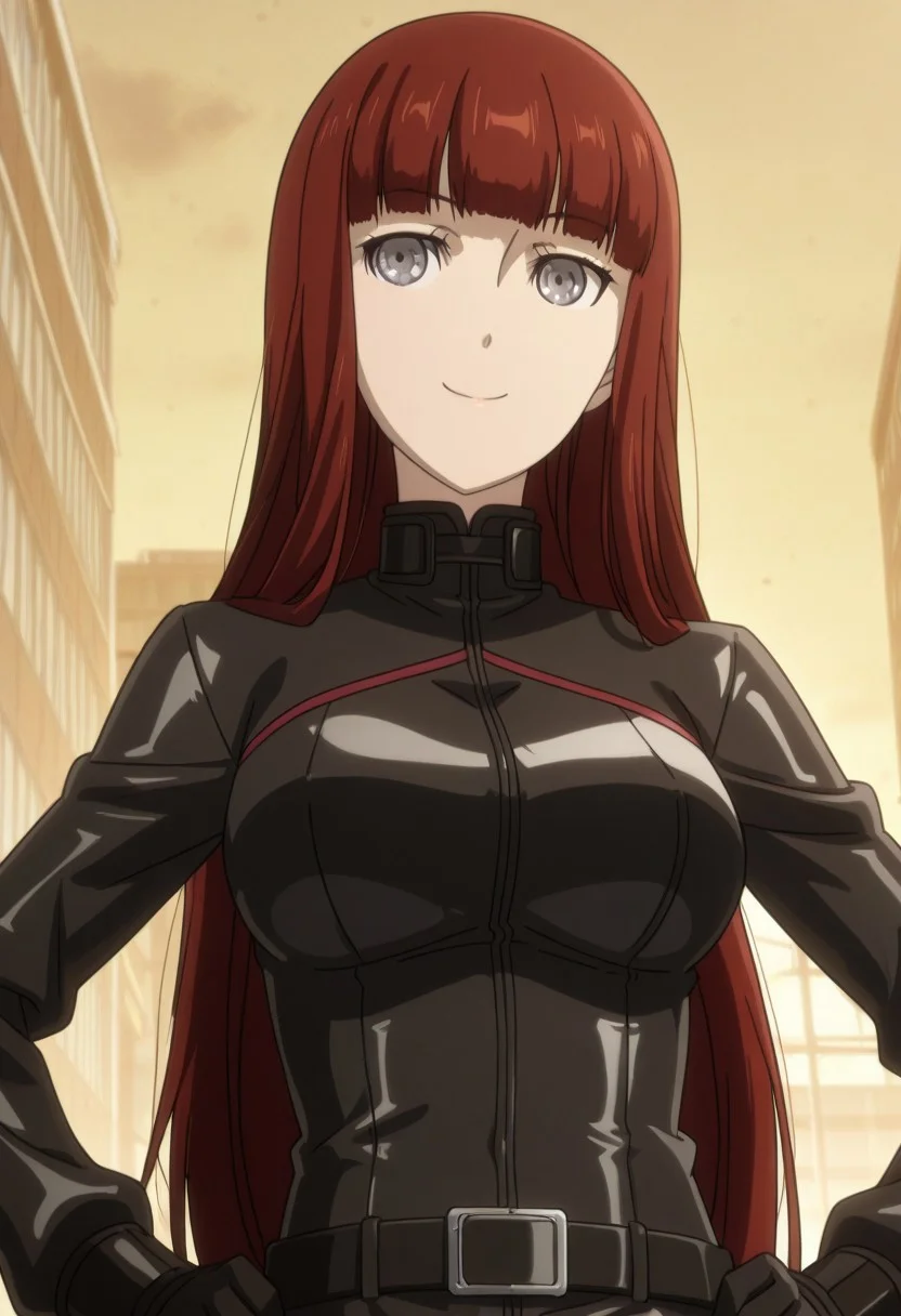 anime screencap, anime coloring, masterpiece, perfect face, perfect eyes, city, Kagari Shiina (character), 1girl, solo, red hair, long hair, blunt bangs, grey eyes, big breasts, black bikesuit, black body suit, skin tight, iron made zip, closed zip, black belt, dynamic angle, smile, 23 years old woman, aged up, hands on hips, upper body, face focus, Kagari Shiina