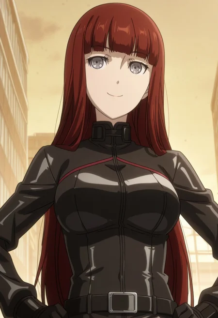 anime screencap, anime coloring, masterpiece, perfect face, perfect eyes, city, Kagari Shiina (character), 1girl, solo, red hair, long hair, blunt bangs, grey eyes, big breasts, black bikesuit, black body suit, skin tight, iron made zip, closed zip, black belt, dynamic angle, smile, 23 years old woman, aged up, hands on hips, upper body, face focus, Kagari Shiina
