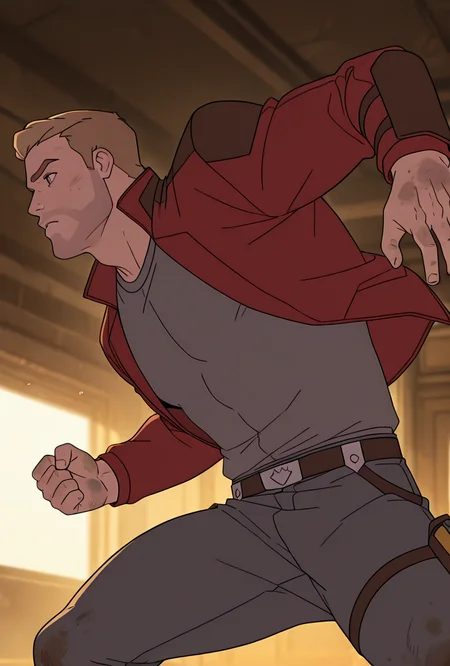 <lora:starlord-10:1> starlord, 1boy, dirty blonde hair, red jacket, gray shirt, short hair, open jacket, dynamic pose, solo, masterpiece, best quality, amazing quality, very aesthetic, absurdres, newest,