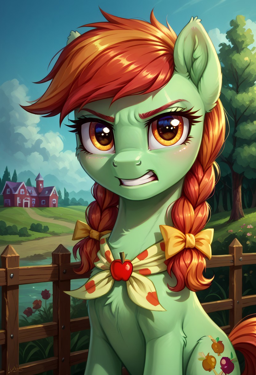safe_pos, safe_pos, score_9, score_8_up, score_7_up, score_6_up,
Candy Apples, the earth pony's body is green, its hair and tail are pearly pink, two pigtails are tied in yellow bows, and its eyes are dark orange, female


realistic illustration, spectacular angle, in the house , (day), 1 girl, solo, pony, my little pony, body, shiny skin, looking at you, unhappy, angry
solo