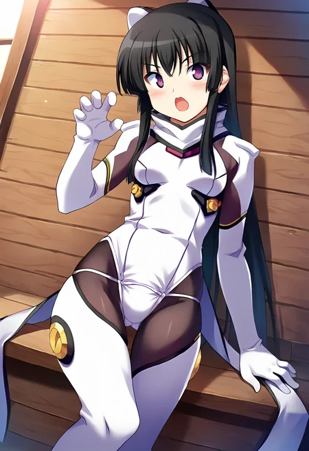 score_9, score_8_up, score_7_up, masterpiece, 1girl, source_anime, 1girl, ct_a0i, purple eyes, black hair, long hair, bodysuit, scarf, headgear, elbow gloves, black pantyhose, white thigh boots, indoors, wooden wall, looking at viewer, cowboy shot, blush, hand up, claw pose, open mouth, <lora:AyanokoujiAoi_Pony_ct_ver3:1>