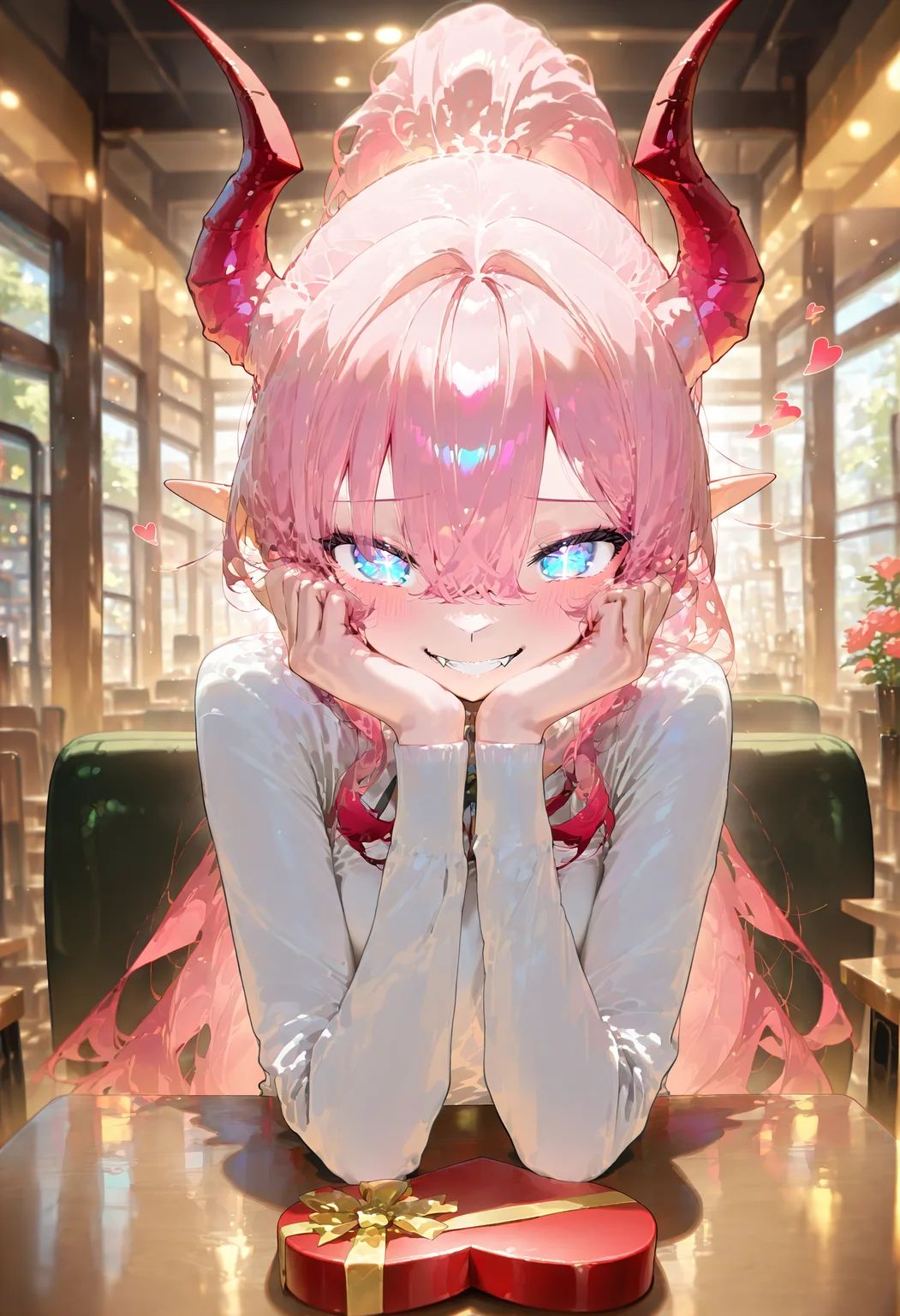 masterpiece, best quality, amazing quality, very aesthetic, absurdres, newest, scenery, 1girl,solo, heart-shaped box, incoming gift, happy valentine, <lora:add-detail-xl:1.5> <lora:illustrious_noobai_epsilon_pred_1_best_quality_v1:0.8><lora:illustrious_noobai_epsilon_pred_1_masterpieces_v1:0.8> perfect hands, perfect fingers, smooth hair, detailed hair,indoors, restaurant, desk, flowers, sitting,
<lora:Lynn_Pink_Illustrious:1> Lynn Pink, blue eyes, ponytail, horns, pointy ears, fangs, (((adult))) small breasts, looking at viewer, blushing, warm smile, tilted head, shy, hands on cheecks, head resting on hands,
masterpiece, best quality, amazing quality, very aesthetic, absurdres, newest, scenery