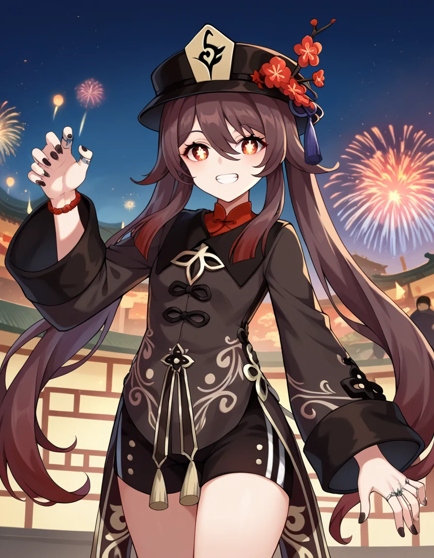 score_9, score_8_up, score_7_up, source_anime,
hutao, <lora:genshin-hutao-ponyxl-lora-nochekaiser:1>,
hutao, long hair, bangs, brown hair, red eyes, hair between eyes, twintails, sidelocks, symbol-shaped pupils, smile, grin,
long sleeves, hat, jewelry, flower, shorts, wide sleeves, coat, chinese clothes, black shorts, ring, black nails, hat ornament, hat flower,
outdoors, fireworks, festival,
looking at viewer, cowboy shot, dutch angle, dynamic pose,