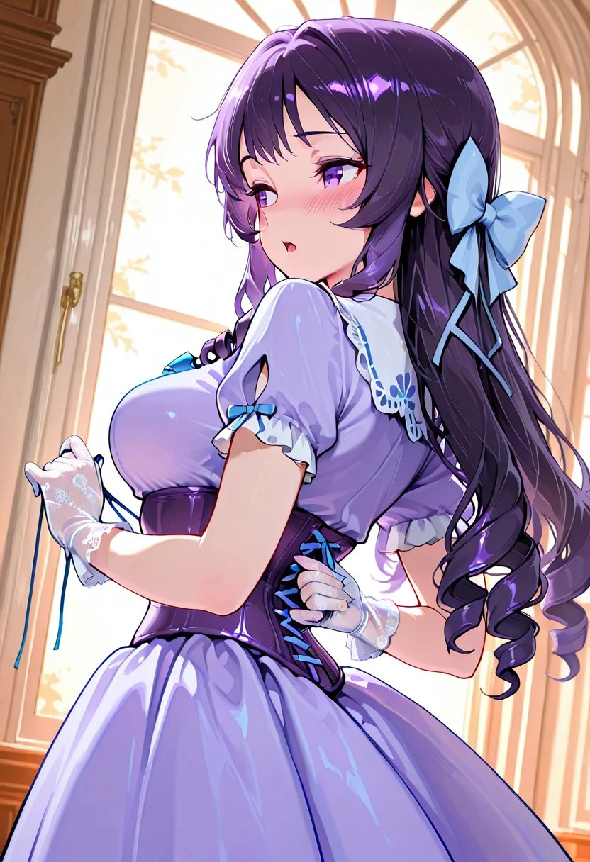 masterpiece, best quality, amazing quality, girl, black hair, perfect eyes, portrait shot, long hair, ringlets hair, bangs, medium breasts, 8k, highest quality, ultra details,1girl, solo,
Southern Belle, frilly lacy (indigo:1.4) hoop skirt dress, corset, cinched waist, short sleeves, blue bow, blue ribbons, medium breasts, white silk gloves, blush, looking back, open mouth, tying corset strings, sunny day, summer season, standing in front of window, plantation mansion bedroom, warm colors, warm lighting, from behind angle