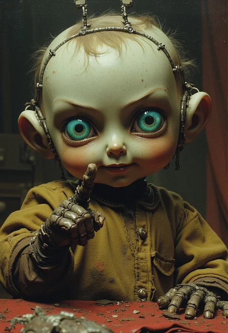 Full length view. A small funny robot with a porcelain face and head with a malicious smile points a finger at the boy, big turquoise eyes, perfect eyes, best quality. Beautiful cinematic impressionistic painting, Dark dramatic character, in the style of Jeremy Mann and Charles Dana Gibson, Mark Demsteader, Paul Hedley