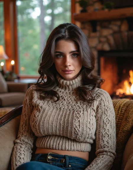 Subject: A woman sitting on a plush, oversized armchair in a cozy, rustic cabin surrounded by towering trees and a crackling fireplace.
Lighting: Warm, golden light from the fire casting a cozy ambiance.
Camera Angle: Eye-level shot, looking straight at the woman's face as she gazes out at the viewer.
Composition Style: Leading lines of the chair and surrounding decor converge to her eyes.
Clothing: High-necked, long-sleeved sweater in soft, earthy tones with a chunky knit pattern.