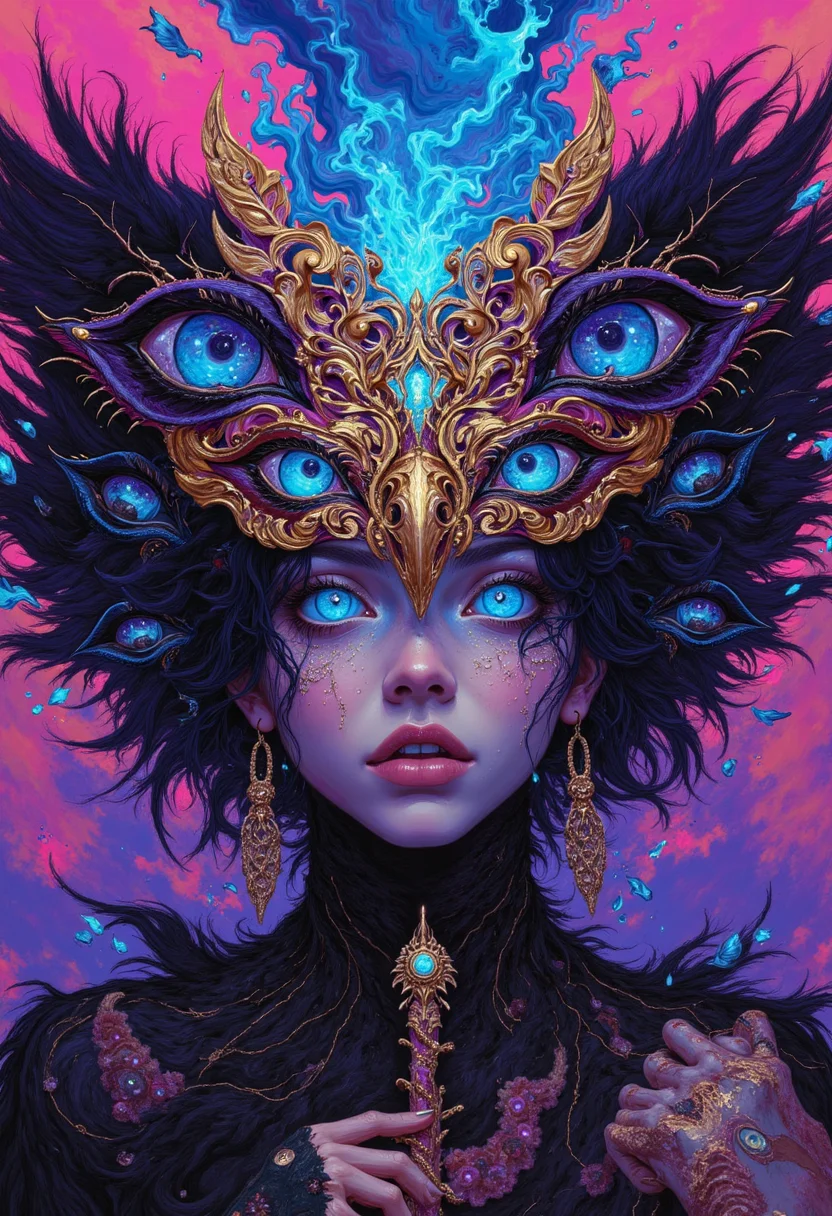 , breathtaking Audrey Kawasaki style of a beautiful but evil female corrupted by tzeentch, ((cultist of tzeentch)), bird like mutations, feathers, she has (6 different eyes), (chaotic)  she is holding a wizard staff decorated with feathers and living eyes which are glowing with blue fire, ,dark allure, ,light pink and blue and purple white themes, beak gold face mask, runic, sharp demonic teeth, highly detailed dreamy background detailed skin texture, subsurface scattering award-winning, professional, highly detailed . dreamlike, mysterious, provocative, symbolic, intricate, detailed, switling maelstorm of chaos and cosmos in background