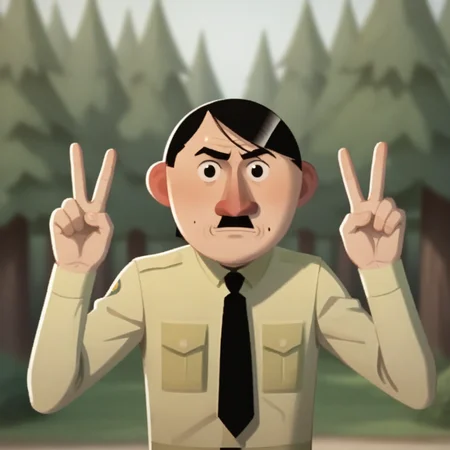 score_9_up, score_8_up, BREAK, Hitler, 1boy, solo, black hair, short hair, black eyes, shirt, black necktie, cowboy shot, <lora:Hitler_LoveDeathRobots_PXL_Leaf1:1>, looking at viewer, double v, outdoors, forest,