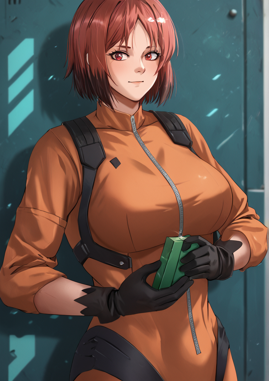 1girl, isumi michiru, huge breast, black gloves, fortified suit, gloves, juice box, looking down, parted bangs, pilot suit, portrait, red eyes, red hair, science fiction, solo,zPDXL3,  <lora:è¡èæfax61209:1>