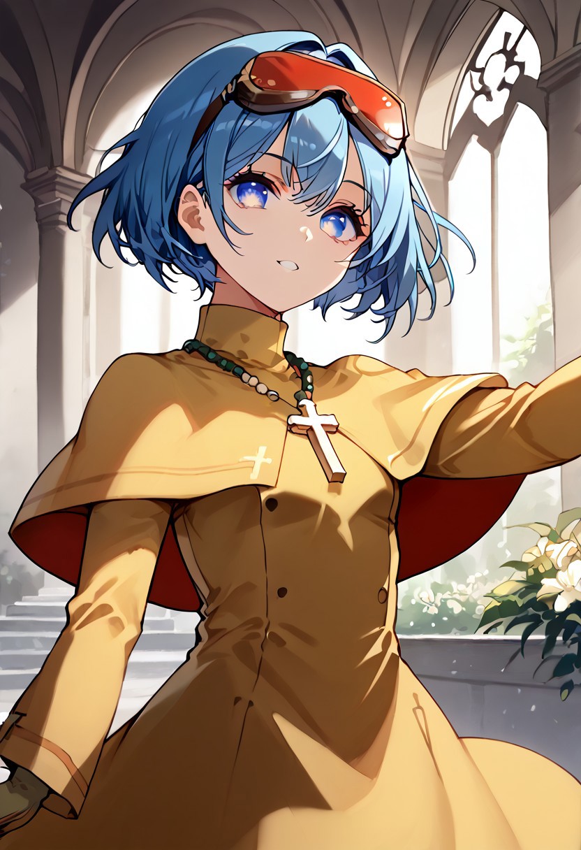 score_9, score_8_up, score_7_up, score_6_up, score_5_up, score_4_up, detailed, intricate details, source_anime, , (best quality) , (highly detailed) ,((masterpiece)), ((best quality)), (ultra-detailed), ((extremely detailed)), (high resolution), 4K, (8K), best quality, (beautiful), (dynamic lighting), (super detailed skin), sharp focus, (1_girl, solo focus), score_9,score_8_up,score_7_up,anime coloring,, <lora:liley1024a-sdxl-000021:1>, lucexlp, 1girl, solo, short hair, blue eyes, blue hair,, ,spanish inquisition,cross necklace,, Yellow robes. goggles on head, Yellow dress, Yellow capelet, long sleeves, Yellow gloves, turtleneck, hands outstretched, delivering a sermon with fervor to a congregation filling the pews, stained glass windows casting colorful patterns onto the scene, architecture reflecting Gothic influence, ambient sunlight filtering through, capturing a spiritual moment, "Please donate to the church of BUZZ!". 
 , detailed face and detailed skin <lora:add-detail-xl:1.0> ,(((feminine bodies))),(((perfect anatomy))),