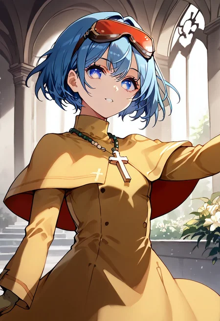 score_9, score_8_up, score_7_up, score_6_up, score_5_up, score_4_up, detailed, intricate details, source_anime, , (best quality) , (highly detailed) ,((masterpiece)), ((best quality)), (ultra-detailed), ((extremely detailed)), (high resolution), 4K, (8K), best quality, (beautiful), (dynamic lighting), (super detailed skin), sharp focus, (1_girl, solo focus), score_9,score_8_up,score_7_up,anime coloring,, <lora:liley1024a-sdxl-000021:1>, lucexlp, 1girl, solo, short hair, blue eyes, blue hair,, ,spanish inquisition,cross necklace,, Yellow robes. goggles on head, Yellow dress, Yellow capelet, long sleeves, Yellow gloves, turtleneck, hands outstretched, delivering a sermon with fervor to a congregation filling the pews, stained glass windows casting colorful patterns onto the scene, architecture reflecting Gothic influence, ambient sunlight filtering through, capturing a spiritual moment, "Please donate to the church of BUZZ!".
, detailed face and detailed skin <lora:add-detail-xl:1.0> ,(((feminine bodies))),(((perfect anatomy))),