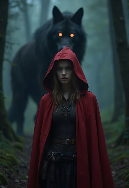 A realistic photo of an adult Little Red Riding Hood standing on a dark forest path at night, her red cloak vivid against the gloomy surroundings. Looking at viewer, face focus. Towering behind her in the distance, a black sinister werewolf in the shadows with glowing eyes watches menacingly, blurry background, detailmaximizer