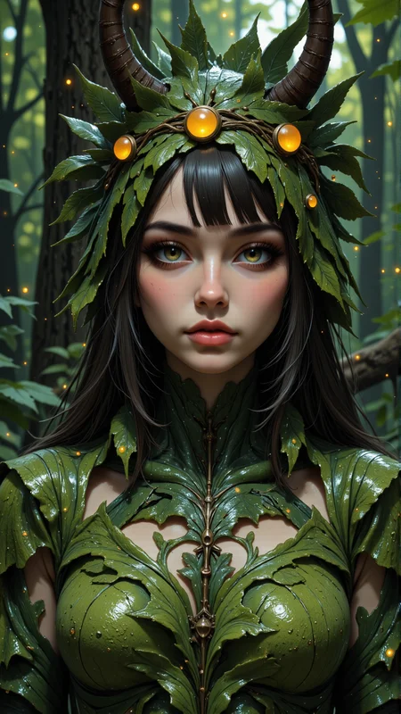 A mystical forest nymph portrait of a woman painted with leaf-like textured brush strokes and dewdrop splatters, in earthy greens and browns, surrounded by glowing fireflies,in the style of Jed-clrfl, <lora:FluxDFaeTasticDetails:0.5>, <lora:flux-colourful:0.5>, <lora:ILPonyMixv2:1>