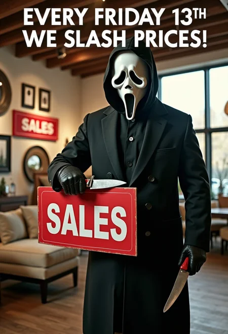 Commercial ad with prominent title "Every Friday 13th, we SLASH PRICES!". The Scream movie character with mask, standing, he uses a knife to cut a "SALES" sign. In the background, a home decor showroom with SALES signs. Day light.
