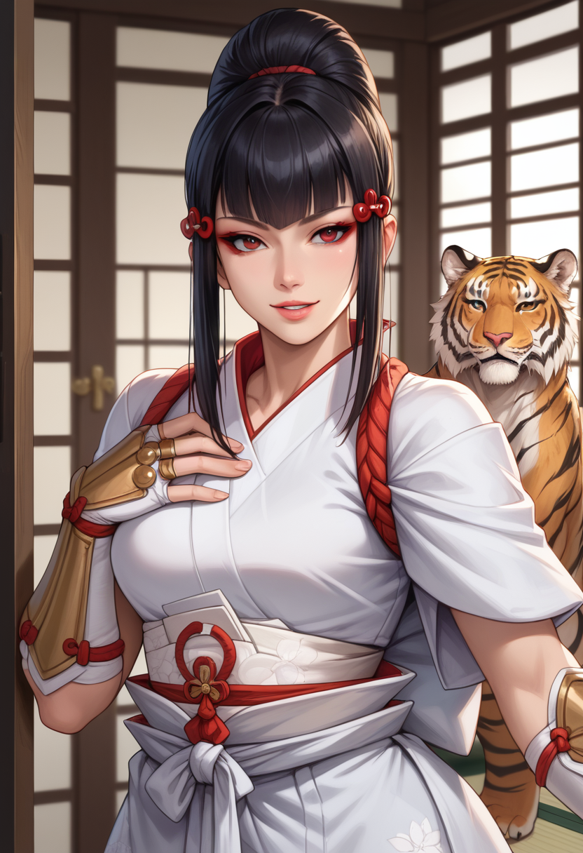 score_9, score_8_up, score_7_up,  source_anime,  BREAK solo, 1 girl,   <lora:TekkenKazumi:1>,   TKNKZMI, black hair, blunt bangs, eye shadow, sidelocks, hair ornament, hair bun, white kimono, arm guards,  parted lips, seductive smile, sliding door, hand on own chest, cowboy shot,  tiger, animal,