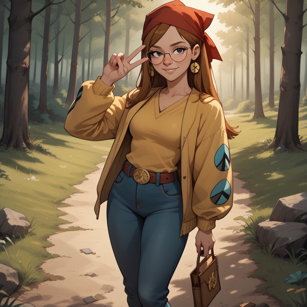 score_9, score_8, BREAK, solo, red bandana, auburn hair, glasses, freckles, lips, peace symbol earrings, yellow long sleeves, brown sleeveless mini jacket, blue long jeans, flip flops, total drama, Miles_(Total_Drama), belt, black eyes, sexy pose, self portrait, smile, outdoors, sunlight, shadows, evening lighting, natural lighting, forest, trees, grass, orange sky, sunset