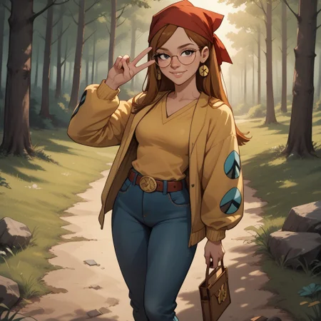 score_9, score_8, BREAK, solo, red bandana, auburn hair, glasses, freckles, lips, peace symbol earrings, yellow long sleeves, brown sleeveless mini jacket, blue long jeans, flip flops, total drama, Miles_(Total_Drama), belt, black eyes, sexy pose, self portrait, smile, outdoors, sunlight, shadows, evening lighting, natural lighting, forest, trees, grass, orange sky, sunset