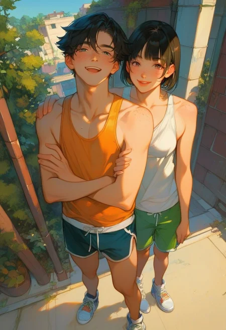 score_9, score_8_up, score_7_up, score_6_up, score_5_up, score_4_up, 1girl, 1boy, couples, outdoors, sports were, semi-realism, detailed render, lovely feeling, shadows, cinematic lighting, hyperdetailed, love, painting by Ismail_Inceoglu Tom_Bagshaw and Dan Witz CGSociety, fantasy art, best quality Backlights, ultra-detailed quality, dynamic angle, 4k quality, intricate details,
BREAK,
1girl, cute girl, medium breasts, long hair, moles, dolphin shorts, tank top, sweaty, cute, kawaii, petite body, bangs, boring mode, hime-cut, crossed arms, sneakers, freckles female,
BREAK,
1boy, short hair, black hair, handsome boy, smile, taking selfie, pants and shirt, male