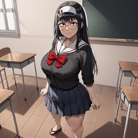 1japanese girl, angry, shy, sailor uniform, red bow, short black shirt, Short black pleated skirt, black eyes, small eyes, slanted eyes, big round glasses, black hair, straight hair, long hair, headband, bangs, average ass , big breasts, classroom, full body