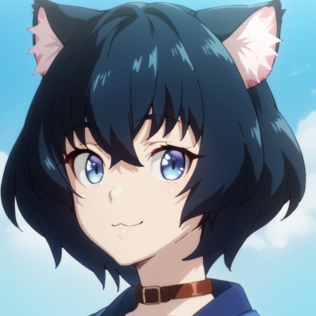 score_9, score_8_up, score_7_up, score_6_up, score_5_up, score_4_up, source_anime, , Miria, short hair, blue eyes, black hair, cat girl, , soft smile, portrait