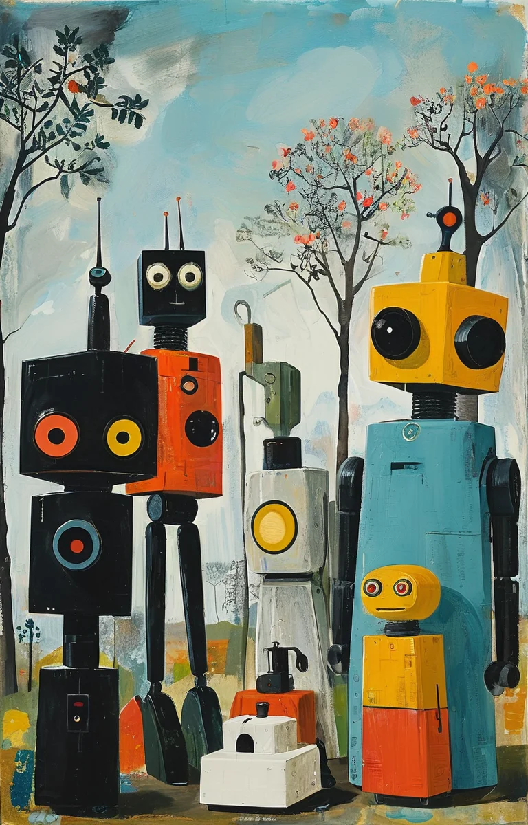 masterpiece,best quality,<lora:tbh198-sdxl:0.9>,illustration,style of Mary Fedden portrait of Housework robots