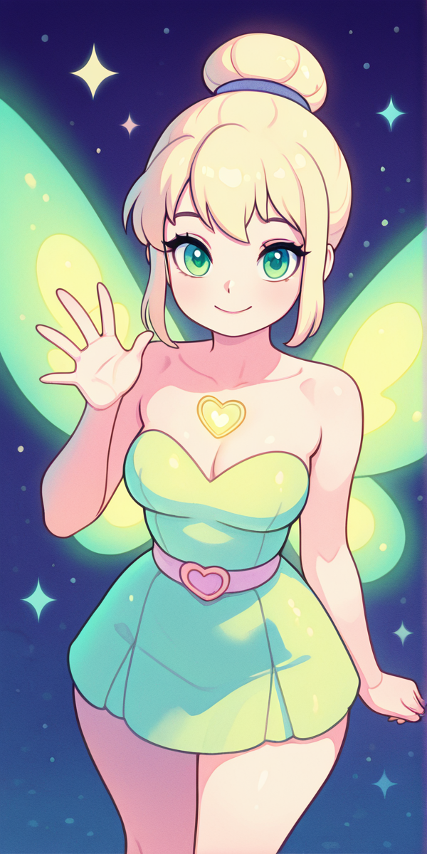 masterpiece, best quality, solo, curvy, beautiful eyes, narrow waist, wide hips, 1girl, solo, smile, looking at viewer, dynamic angle, foreshortening, close up,    ClassicTinker, hair bun, blonde hair, green eyes, sparkling lights, magical atmosphere, looking at viewer, smile, waving, <lora:ClassicTinkerBellIllustrious:1.0>,   k4w4iim1r41, cute outfit, pastel clothes,  <lora:KawaiiMirai_IXL:1.2>, [Firefly Fairy], glowing amber and green dress made of shimmering light fabric, wings resembling glowing firefly wings, glittering gold lace around her neckline, glowing orb hanging from her belt, translucent emerald green wings with light patterns, surrounded by a dark forest with fireflies lighting the air around her, gentle warmth in the night,
