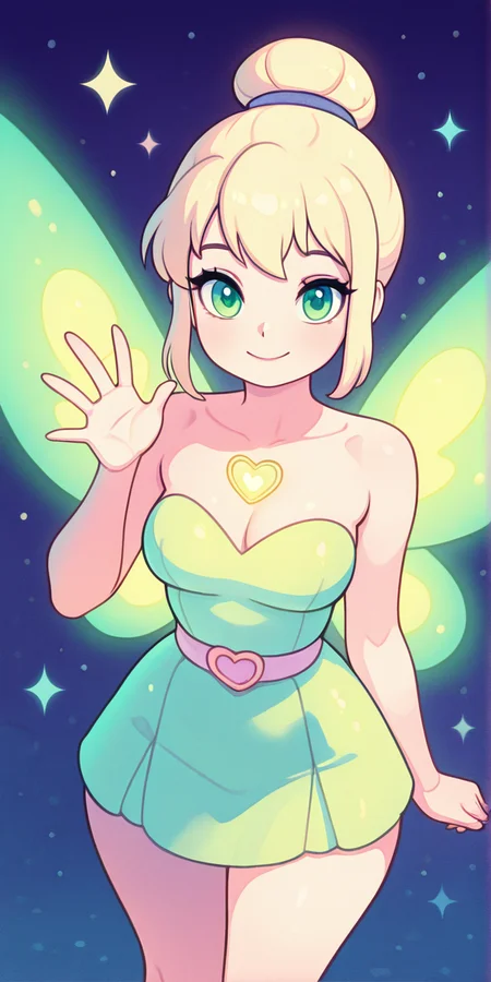 masterpiece, best quality, solo, curvy, beautiful eyes, narrow waist, wide hips, 1girl, solo, smile, looking at viewer, dynamic angle, foreshortening, close up,    ClassicTinker, hair bun, blonde hair, green eyes, sparkling lights, magical atmosphere, looking at viewer, smile, waving, <lora:ClassicTinkerBellIllustrious:1.0>,   k4w4iim1r41, cute outfit, pastel clothes,  <lora:KawaiiMirai_IXL:1.2>, [Firefly Fairy], glowing amber and green dress made of shimmering light fabric, wings resembling glowing firefly wings, glittering gold lace around her neckline, glowing orb hanging from her belt, translucent emerald green wings with light patterns, surrounded by a dark forest with fireflies lighting the air around her, gentle warmth in the night,