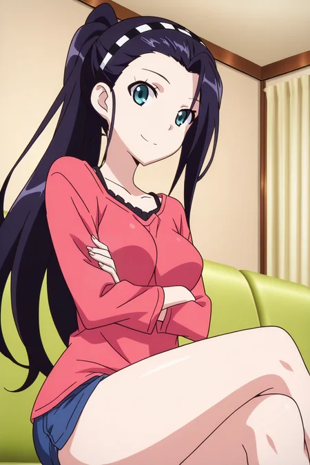 anime screenshot, anime coloring, kashima noa, 1girl, solo, black hair, long hair, ponytail, forehead, asymmetrical bangs, checkered hairband, aqua eyes, medium breasts, pink shirt, red shirt, t-shirt, long sleeves, blue shorts, short shorts, looking at viewer, smile, crossed arms, sitting, crossed legs, cowboy shot, indoors, living room, couch, masterpiece, best quality, high quality, highres, absurdres, <lora:kashima_noa_ILXL_v2:0.9>