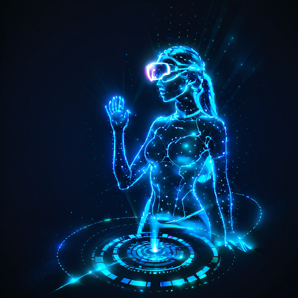 hologrameffect, a holographic woman is working on project <lora:hologram_effect:1>