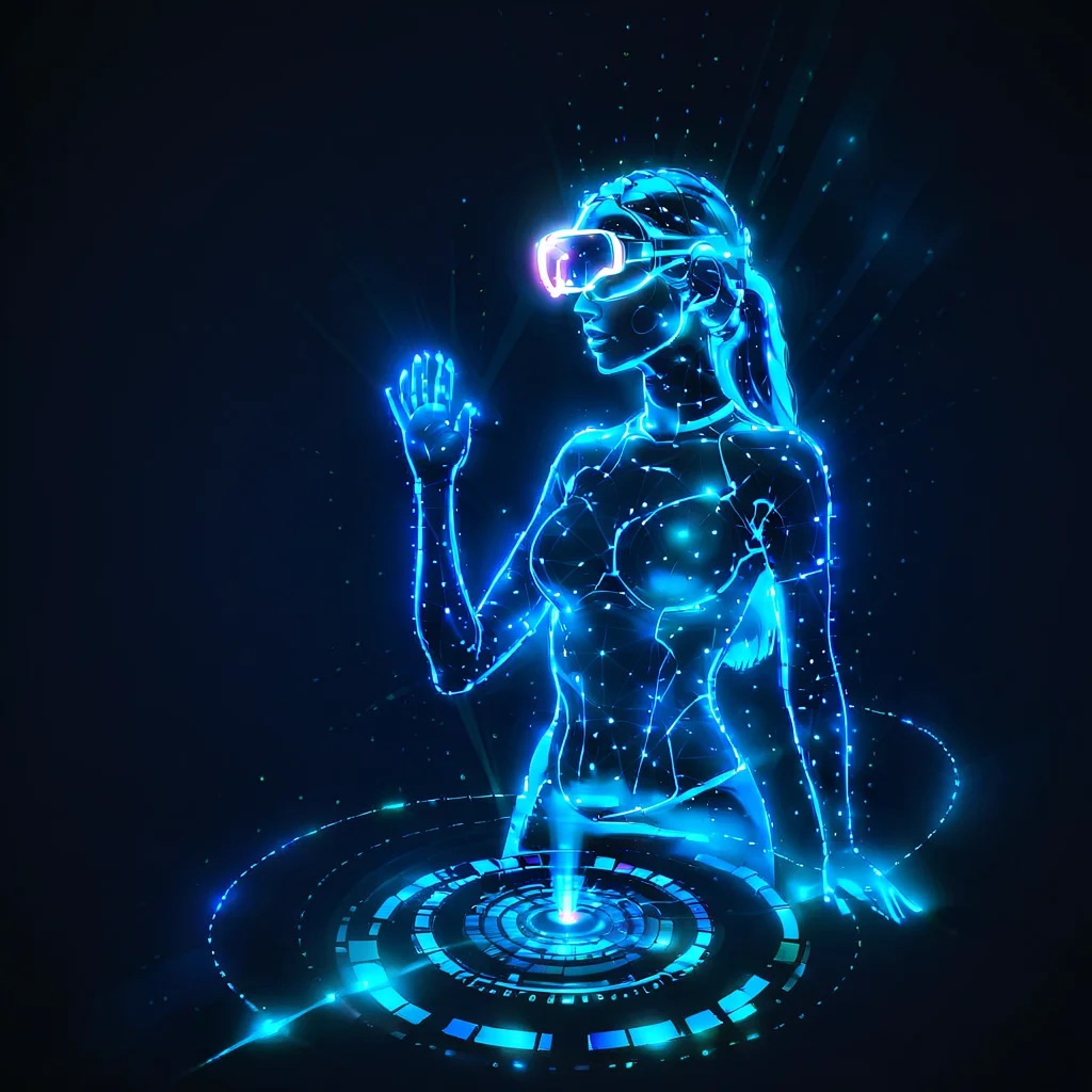 hologrameffect, a holographic woman is working on project <lora:hologram_effect:1>
