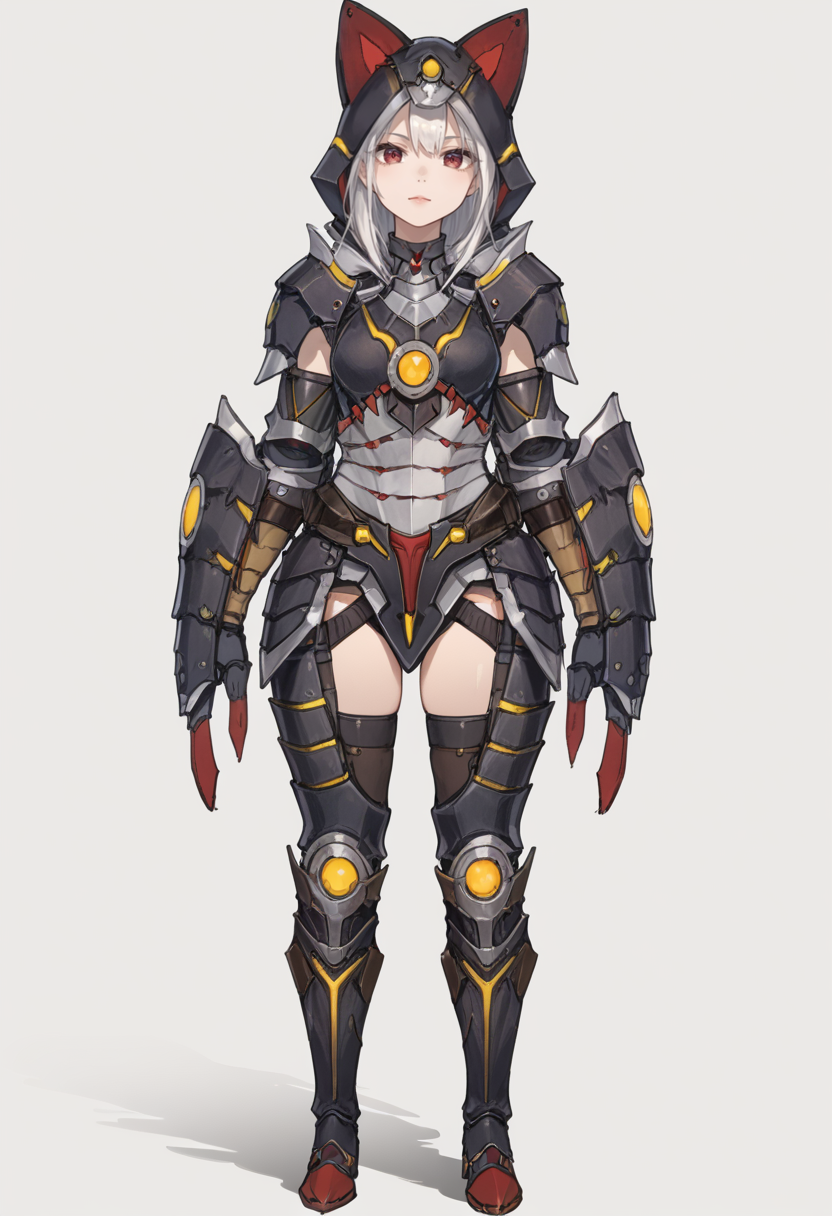 (score_9:0.9),score_8_up,score_7_up,rating_safe,anime style,(zPDXL),<lora:Almudron armor ponyXL v1:0.73>,solo,1girl,full body,white background,simple background,standing,looking at viewer,red eyes,black gloves,black cat hood,white hair,almudron armor,black thigh armor,full armor,black knee boots,bare arms,