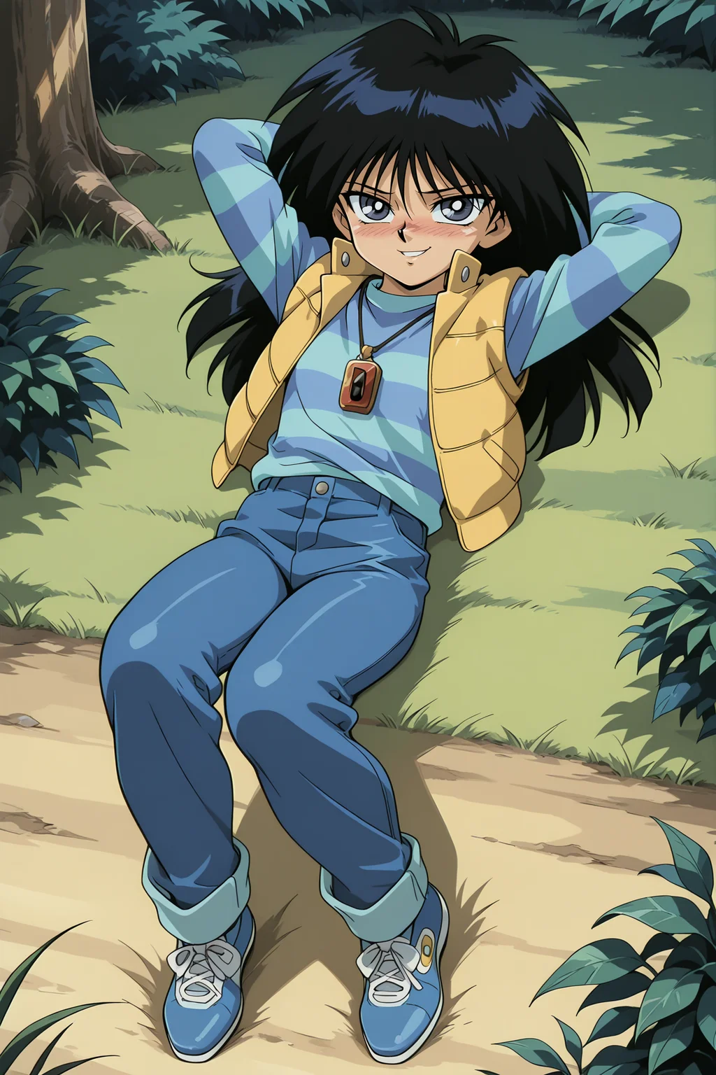 masterpiece,best quality,amazing quality, MokubaKaibaYGOILXL, 1boy, retro artstyle, grey eyes, black hair, long hair, bangs, flat chest, necklace, yellow vest, blue shirt, striped shirt, blue pants, blue shoes, solo, full body, (lying on grass), on back, arms behind head, seductive smile, looking at viewer, naughty face, nose blush, forest, tree    <lora:MokubaKaibaYGOILXL:1>