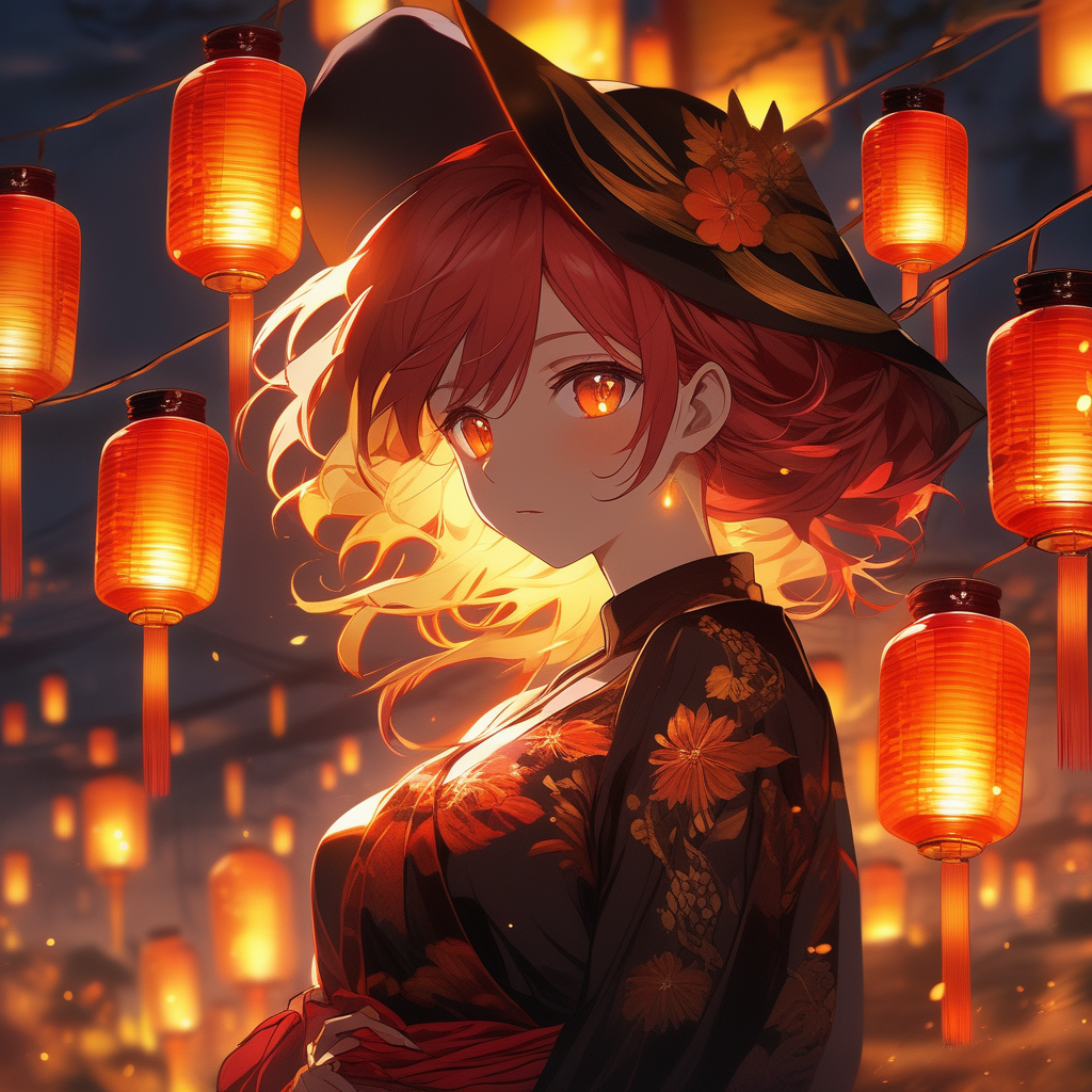 1girl, fiery amber eyes, wild crimson hair, sunset backdrop, golden hour glow, silhouette effect, fantasy elements, floating lanterns, detailed embroidery on dress, anime style, evocative expression, contrasting shadows, masterpiece, best quality, top-rated on ArtStation