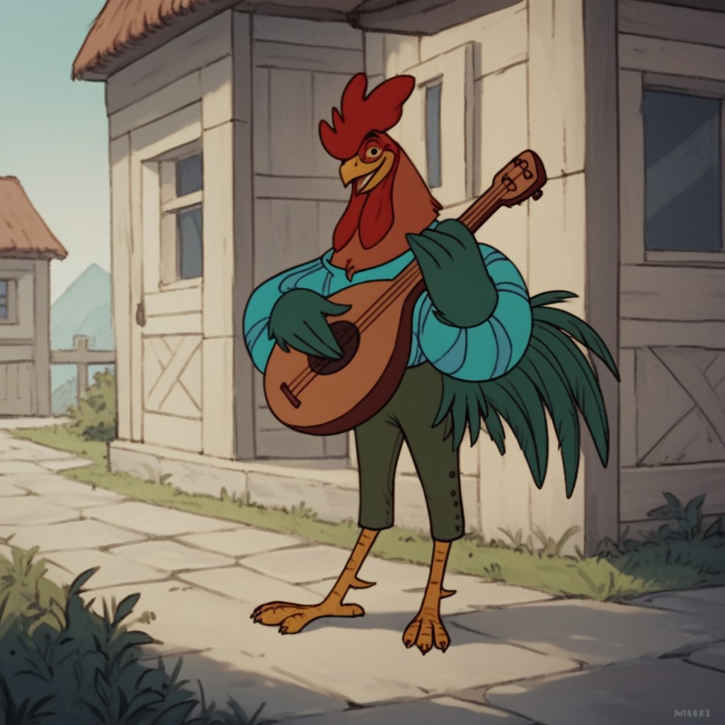 score_9, score_8_up, score_7_up, score_6_up, score_5_up, score_4_up, source_furry, Alan-A-DaleRH, semi-anthro, male, rooster, feathers, green winged arms,striped shirt, puffy sleeves, green pants,  green tail, brown body, outside, standing, solo, 1boy, holding guitar, red hair