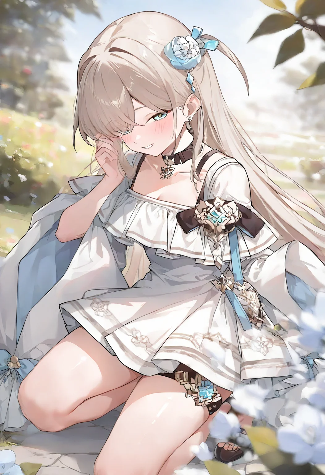 1girl, solovey, solo, full body, smile, blush, aqua eyes, white dress, hair ornament, thigh strap, black choker, very awa, masterpiece, best quality, highres, absurdes, depth of field, newest, year2024, <lora:solovey:1>