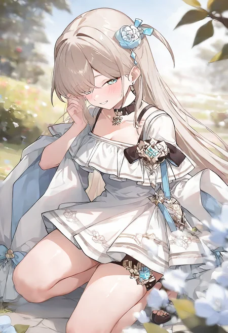 1girl, solovey, solo, full body, smile, blush, aqua eyes, white dress, hair ornament, thigh strap, black choker, very awa, masterpiece, best quality, highres, absurdes, depth of field, newest, year2024, <lora:solovey:1>