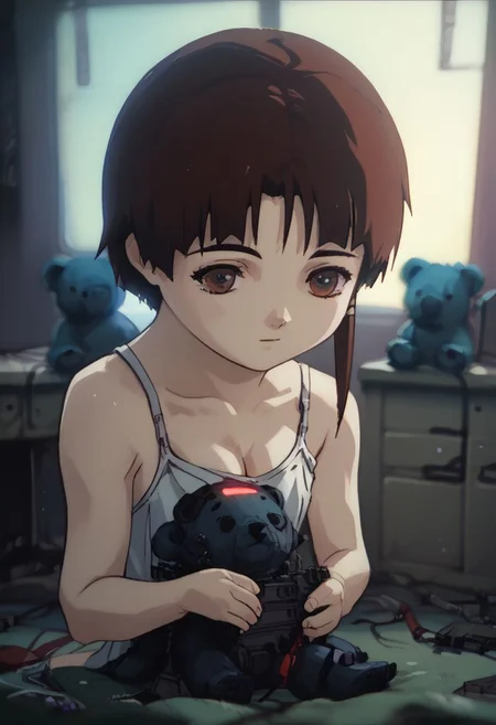 score_9, score_8_up, score_7_up, score_6, source_anime, lain, chibi, white camisole, small boobs, cleavage, lain's bedroom with computers, teddy bears, night, low lighting, network cables