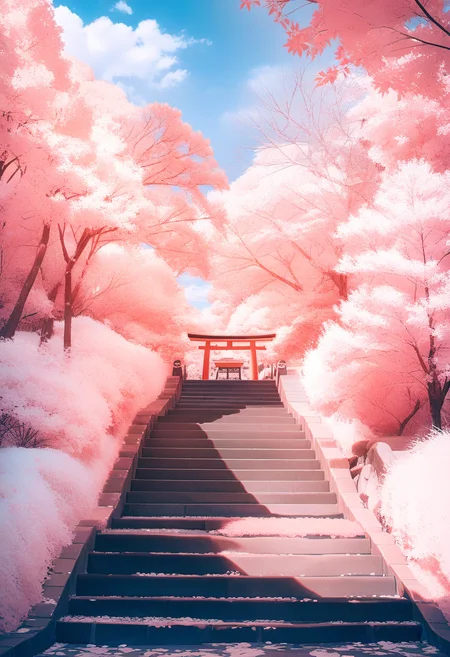 masterpiece, best quality, very aesthetic, absurdres,
Infrared_photography, outdoors, scenery, tree, no humans, torii, sky, day, blue sky, cloud, stairs
<lora:Infrared_photography_SDXL_V1:1>