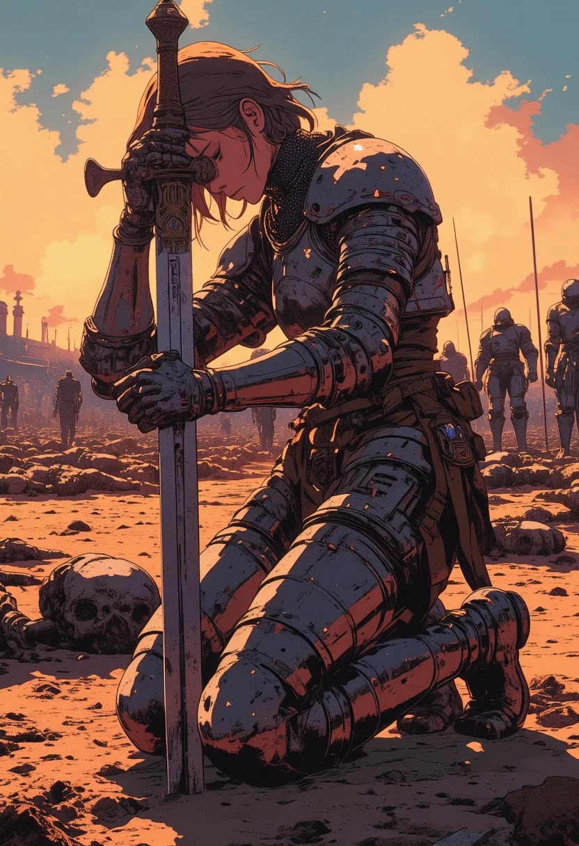 fantasy stylised illustration, anime style, cinematic composition, stunning, full body shot, masterpiece,best quality, close up dynamic model pose, (tall), perfect composition, 1girl, a battleworn mecha knight squire kneels in the dirt of the battlefield, smoke and fire billows, she is surrounded by fallen Robots, the shapeless form of the dead litter the field, (leaning on medieval longsword planted in ground steadying himself), dusk sunset, she wears medium medieval armor, medium chainmail, platemail, cuirass, leather and hide boots, gauntlets, pauldrons, tabbard, knight templar initiate, honourable, weary, eyes closed, looking down, stony expression, no helmet, 35 years old, medium facial hair, femenine, woman, (short trimmed brunette hair), brown eyes, not bulky, emotional, intense, dark, gritty, heavily stylised, incredible, awe-inspiring battle damaged, wounded, knight templar, adventurer, medium armor,