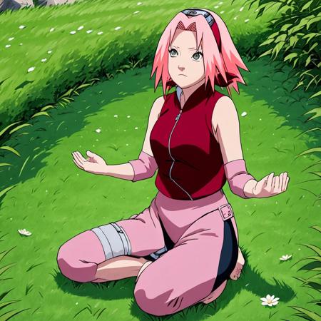 Sakura Haruno strikes a calm beautiful pose as she meditates in the grass with wind blowing her beautiful hair