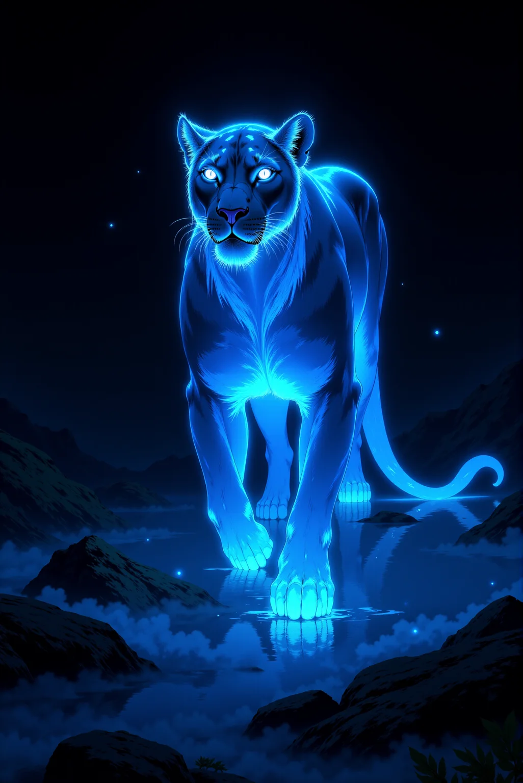A stunning digital illustration showcases a (from above very close shot:1.3) of a (graceful, majestic celestial lioness prowling through her shadowy natural habitat, knee deep in a layer of dense, fluffy for resembling a shallow milky-waters:1.3), her sleek form glowing faintly with an ethereal gradient of luminous colors against an almost pitch-black background. The celestial lioness’s elegant and powerful body is sculpted with fine detail, her musculature and smooth contours rendered with precision as she moves silently through the dimly lit environment. The front of her form, including her head, shoulders, and outstretched paws, radiates a dark, saturated blue glow, creating a celestial, almost spectral presence. Her piercing eyes, which shine with a quiet yet commanding intensity, while the edges of her face and whiskers catch the glow, tracing the lioness's noble and predatory features. As the light transitions down her powerful body, it shifts into an white faint glow that illuminates her torso and highlights the graceful curvature of her spine, ribcage, and muscular flanks. The faint white seems to hum with energy, casting soft, glowing reflections onto her surroundings as if the very air is alive with her luminous presence. Toward the back of her body and tail, the gradient deepens into a dark, saturated blue, illuminating her legs and the long, sinuous tail that trails behind her. The dark blue hue disperses softly into the surrounding darkness, creating subtle, smoky trails of light that add to the lioness's mystical aura. The faint outlines of her natural habitat, such as distant foliage, scattered branches, or faint ground textures, emerge as silhouettes from the consuming darkness, their edges tinged with soft glows of dark blue where the lioness’s light spills across them. Tiny particles of light, like glowing embers or fireflies, hover faintly around her, drifting through the air and accentuating the magical quality of the scene. (Her paws are knee deep in a thick layer of dense, fluffy fog which catches the luminous gradient of her body, creating translucent volumetric light that mimic her fluid movements). Rendered in a contemporary neon-surrealist style, the illustration employs smooth, radiant gradients, sharp contrasts, and meticulous attention to detail, enhancing the lioness’s otherworldly elegance. The stark juxtaposition between the glowing vibrancy of her form and the surrounding void-like darkness creates a sense of mystery and wonder, as though the lioness is a mythical guardian of the night, glowing with an inner fire that lights her path through the unseen depths of her shadowy realm. <lora:DGLO_style_v.6:0.99>