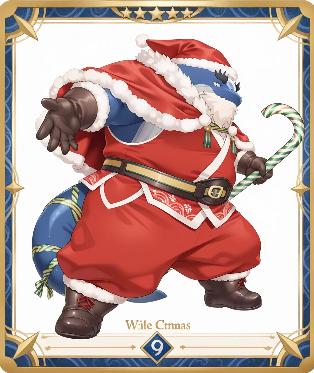 (masterpiece, best quality, newest, absurdres, highres, colorful, amazing_quality, high quality, detailed background), <lora:kii-14:1> t-kii, whale boy, 1boy,
, santa_hat, santa_capelet, fake_beard, red_sleeveless_kimono, red_fur-trimmed_pants, fur-trimmed gloves, brown gloves, brown boots, tied_tail, holding candy cane, oversized object, dynamic pose, from side, card \(medium\), fur_trim_boots,