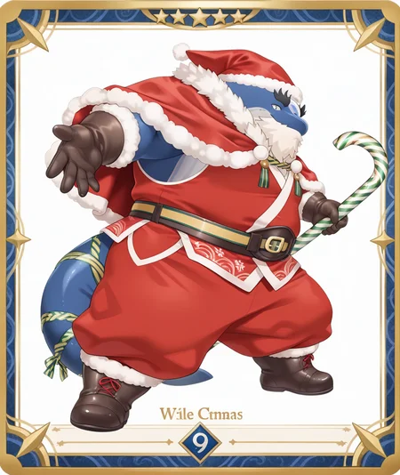 (masterpiece, best quality, newest, absurdres, highres, colorful, amazing_quality, high quality, detailed background), <lora:kii-14:1> t-kii, whale boy, 1boy,
, santa_hat, santa_capelet, fake_beard, red_sleeveless_kimono, red_fur-trimmed_pants, fur-trimmed gloves, brown gloves, brown boots, tied_tail, holding candy cane, oversized object, dynamic pose, from side, card \(medium\), fur_trim_boots,