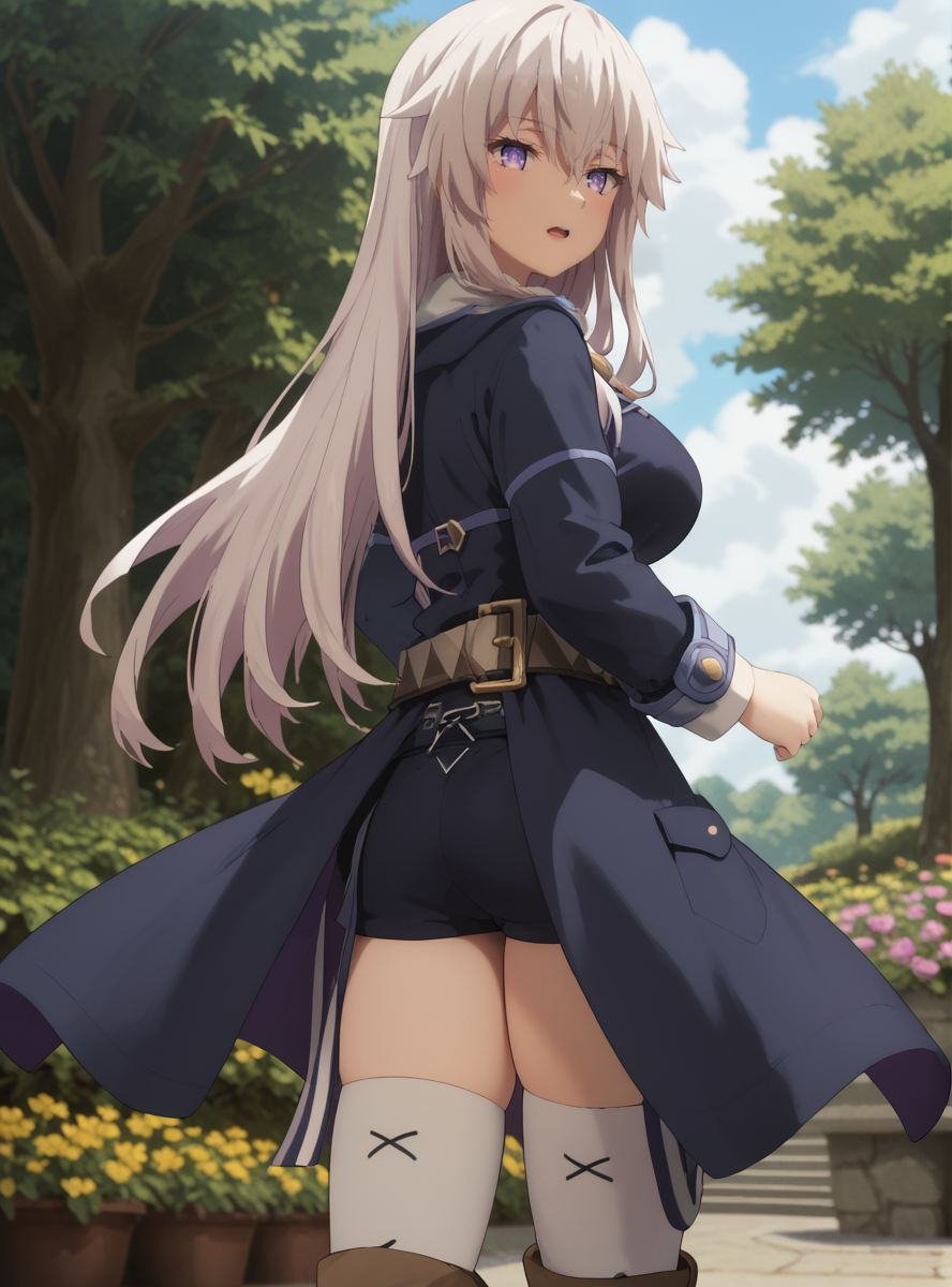 score_9_up, score_8_up, score_7_up, (Anime_source), open mouth, in garden, looking at viewer,<lora:Zero_-_Mahoutsukai_Reimeiki-PONY-Kaleid:1> zero, 1girl, silver hair, purple eyes, long hair, bangs, hair between eyes, (large breasts:1.4) ,  (4k), coat, black shorts, belt, shirt, thighhighs, brown footwear, boots, short shorts, standing, from behind,