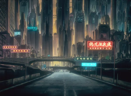 anime screenshot, masterpiece,  best quality, very aesthetic, 
no humans, city, building, skyscraper, tokyo, neon lights, road, pavement, cyberpunk, science fiction,  <lora:GITS Illustrious:0.9>